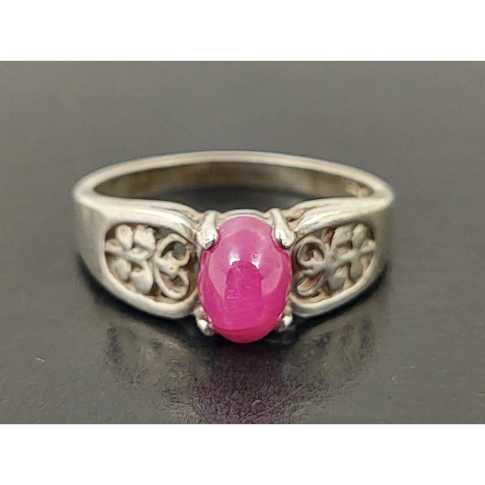 Vintage Sterling Silver Ruby Cabochon Ring 925 Pink Stone Size 7.5